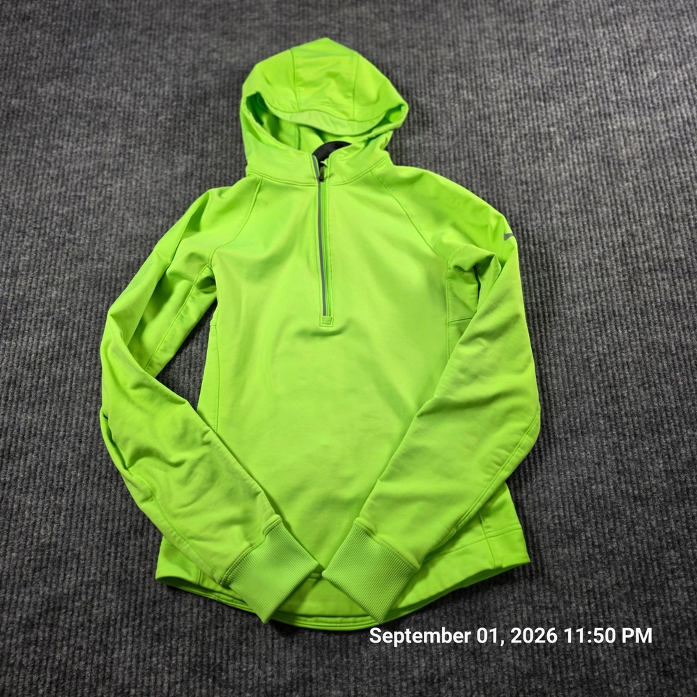 Nike Dri-FIT Womens XS Neon Lime Green Quarter Zip Hooded Running Top Pullover